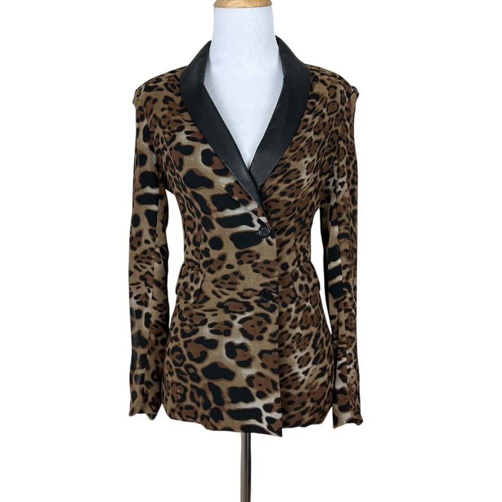 Stones‎ Blazer Jacket Womens XS Brown Black Leopard Print Faux Leather Collar